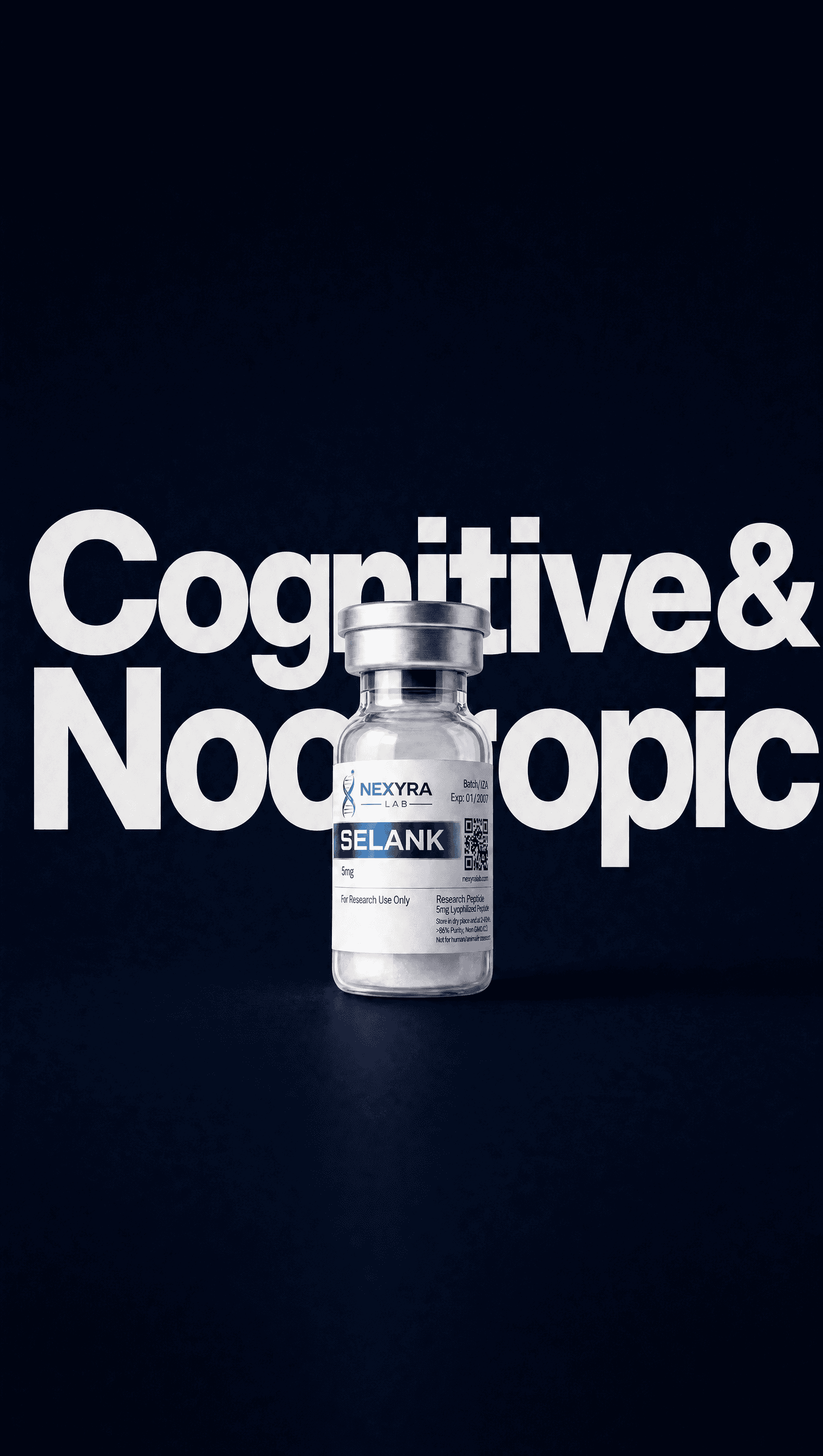 Cognitive & Nootropic peptide collection — Selank vial on navy background — Nexyra Lab