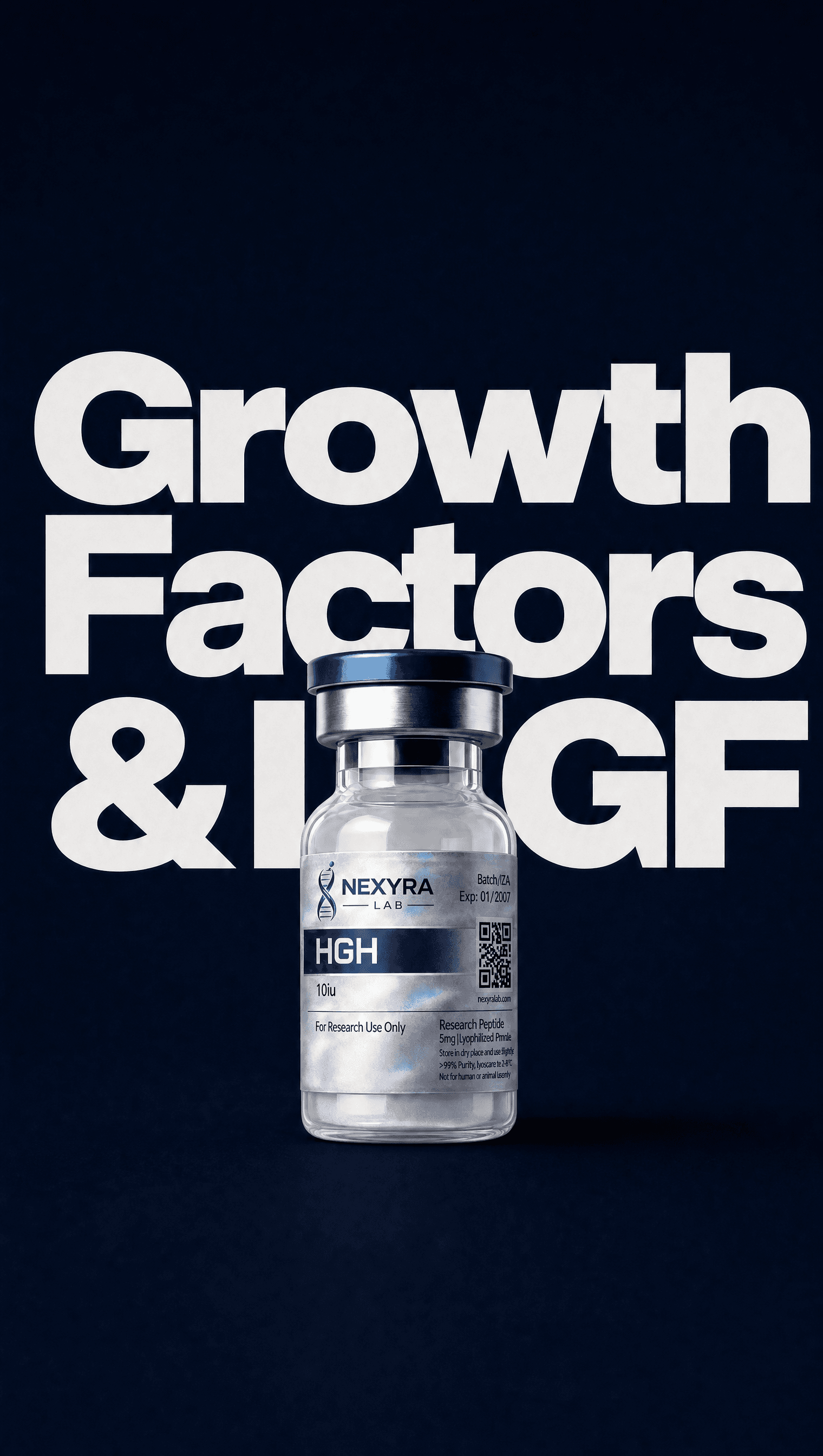 Growth Factors & IGF peptide collection — HGH vial on navy background — Nexyra Lab