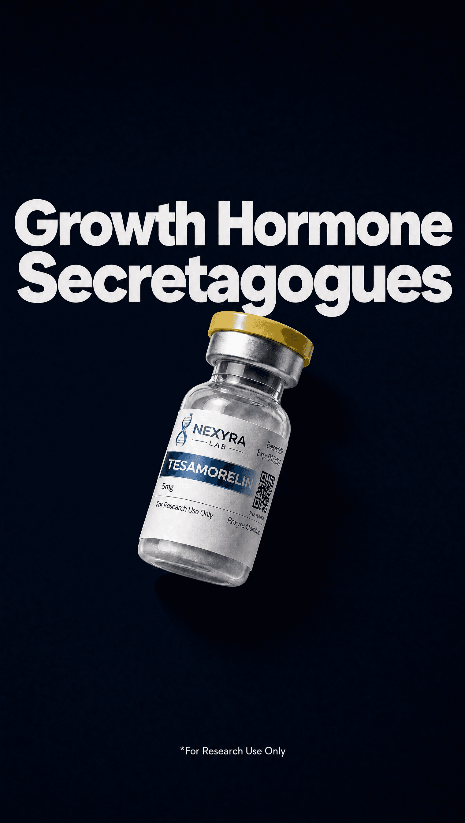 Growth Hormone Secretagogues collection — Tesamorelin vial on navy background — Nexyra Lab