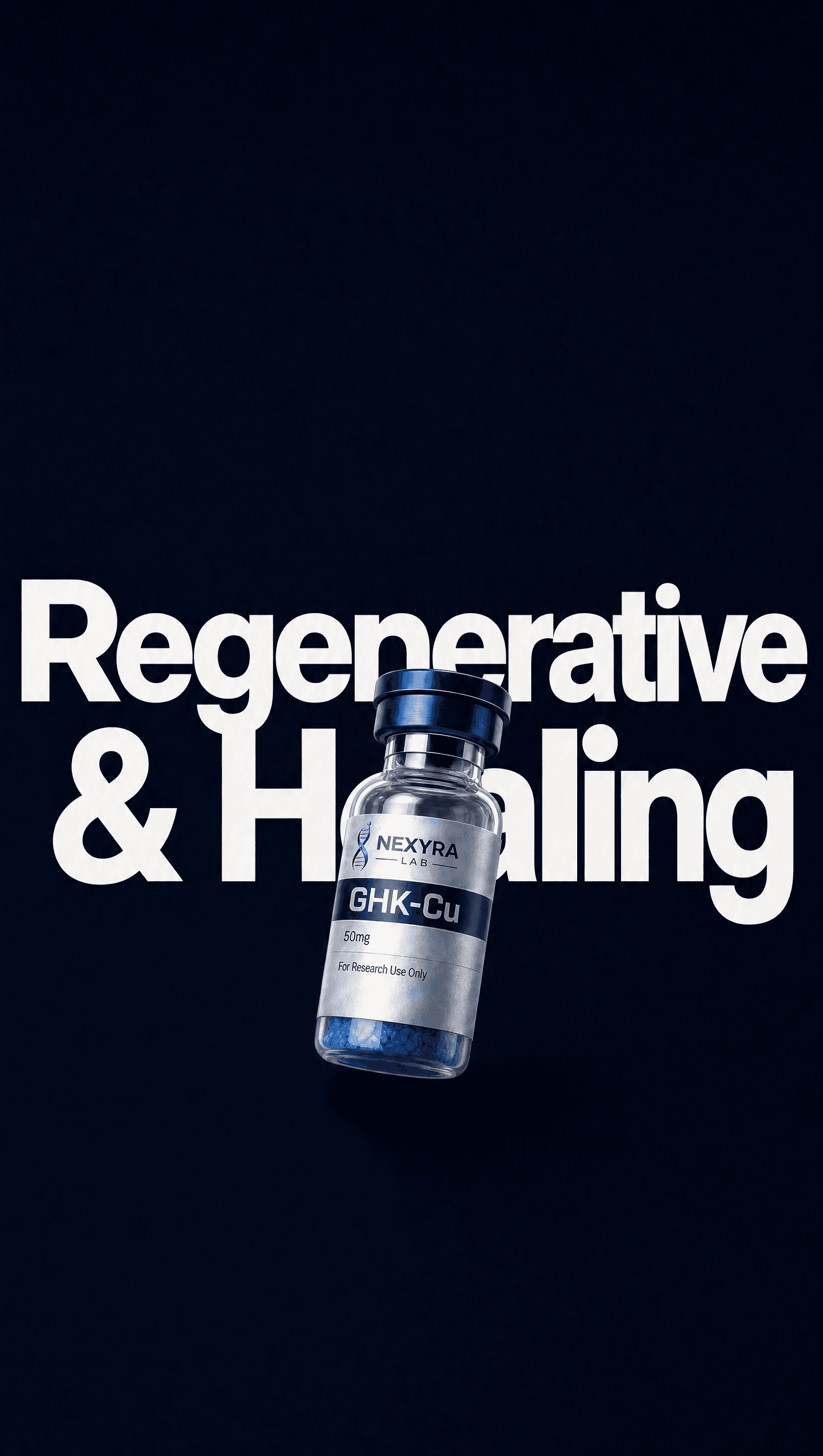 Regenerative & Healing peptide collection — GHK-Cu vial on navy background — Nexyra Lab