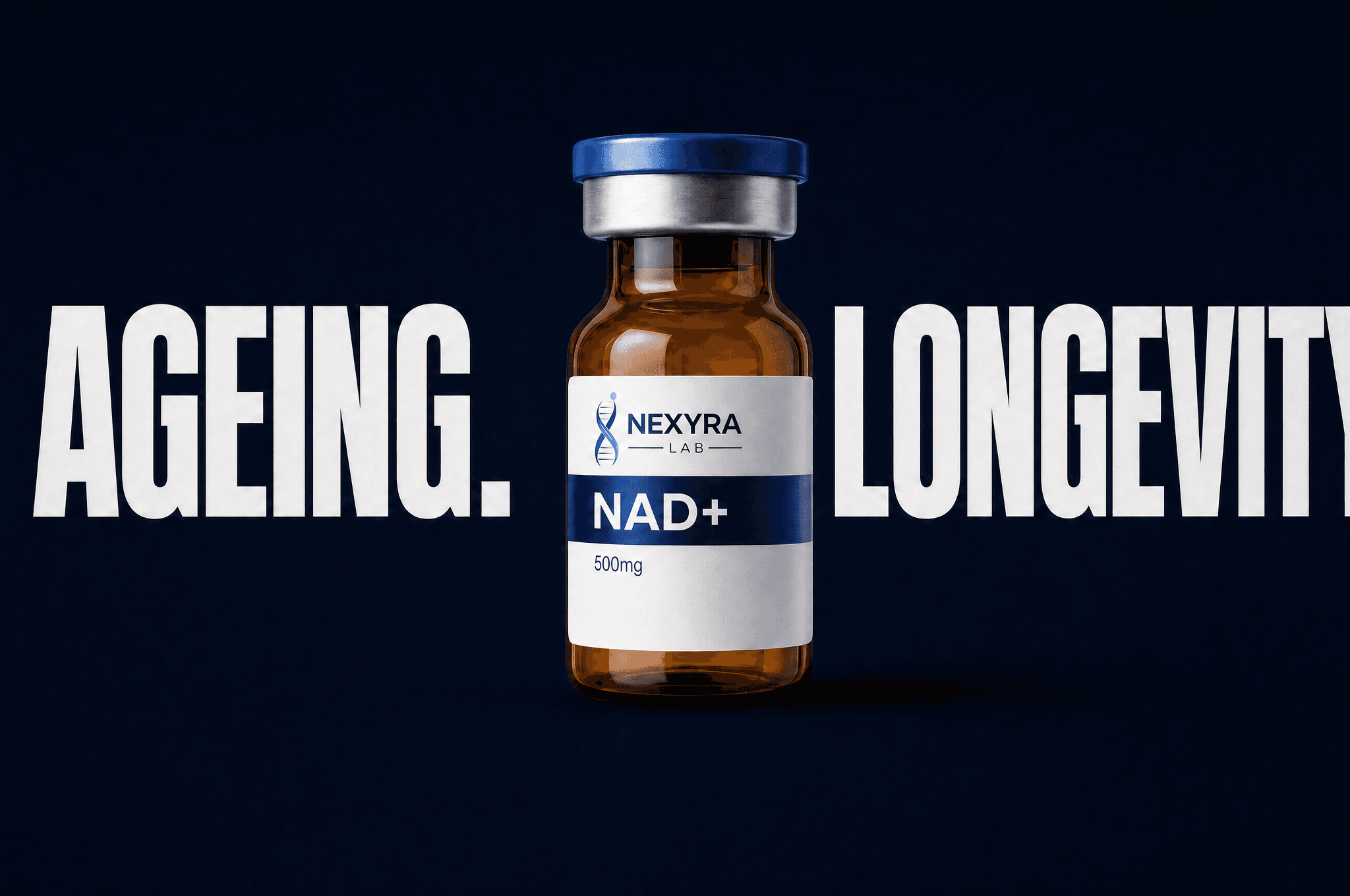 Ageing & Longevity research peptides — vial on navy background — Nexyra Lab