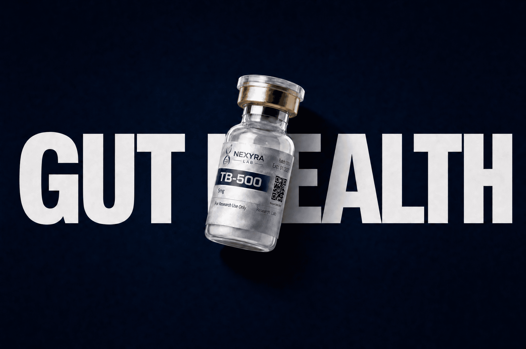 Gut Health research peptides — TB-500 vial on navy background — Nexyra Lab