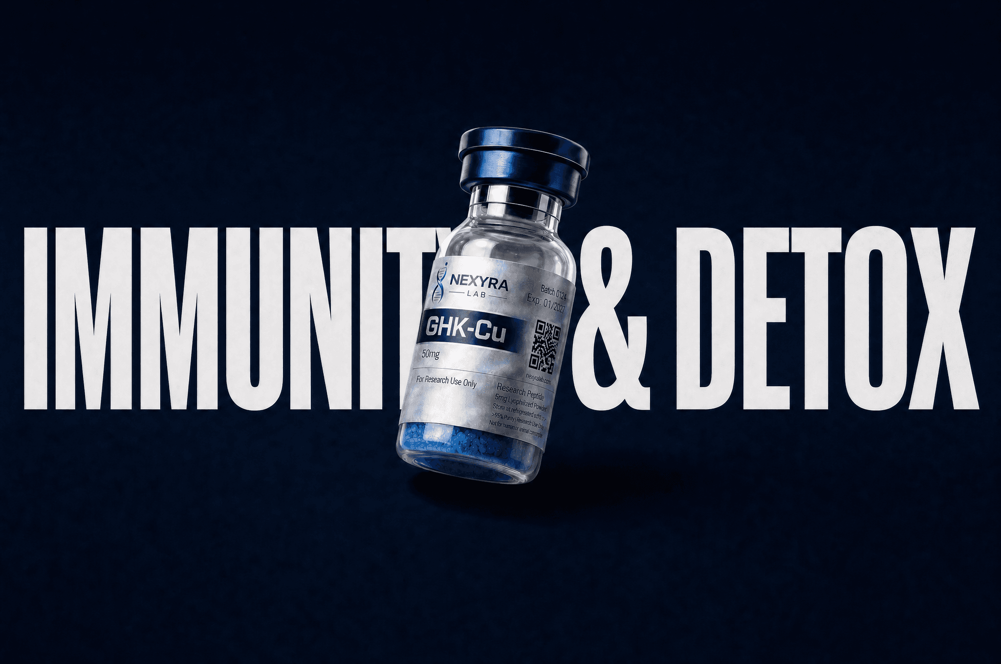 Immunity & Detox research peptides — GHK-Cu vial on navy background — Nexyra Lab