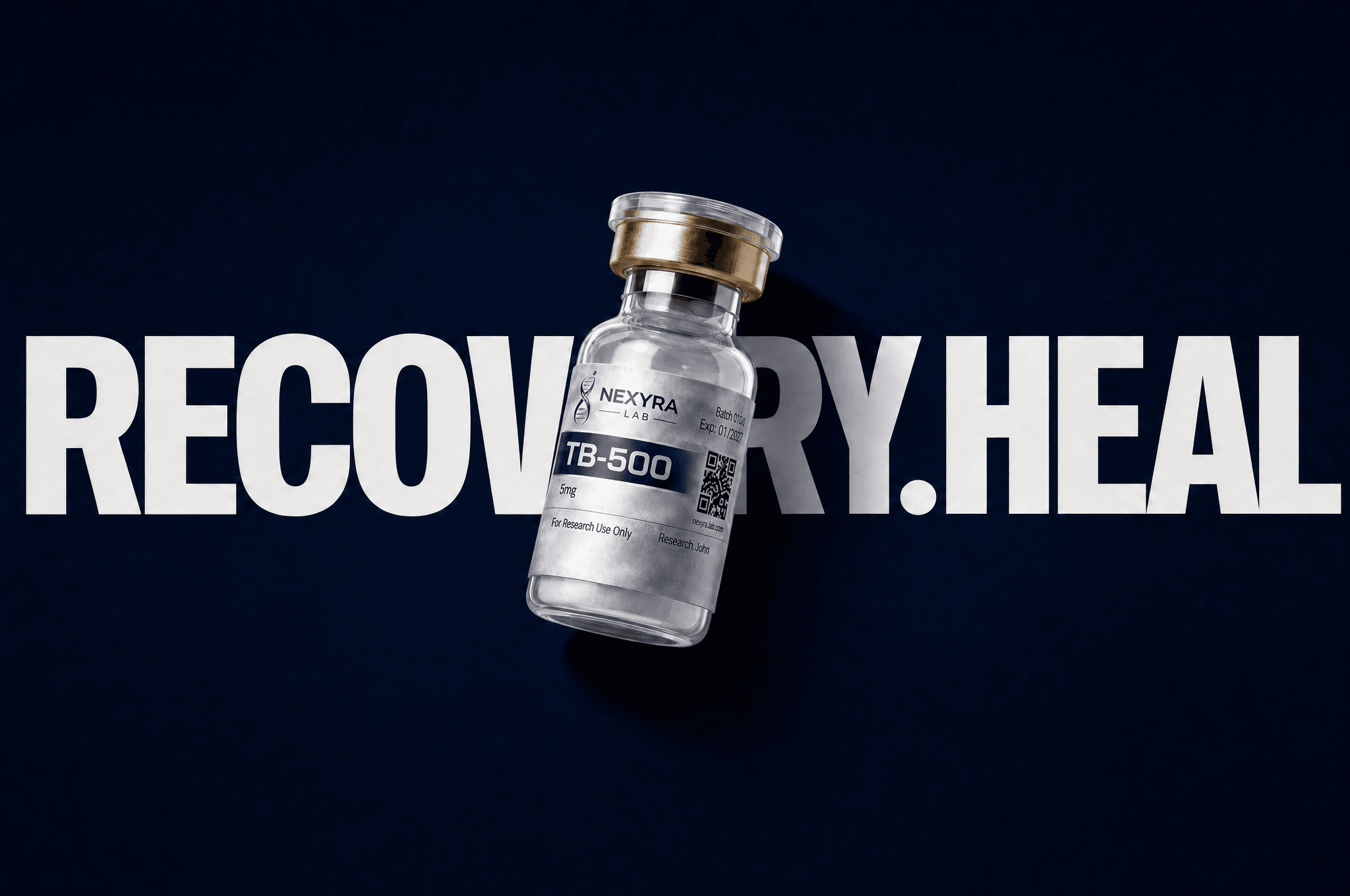 Performance & Recovery research peptides — vial on navy background — Nexyra Lab