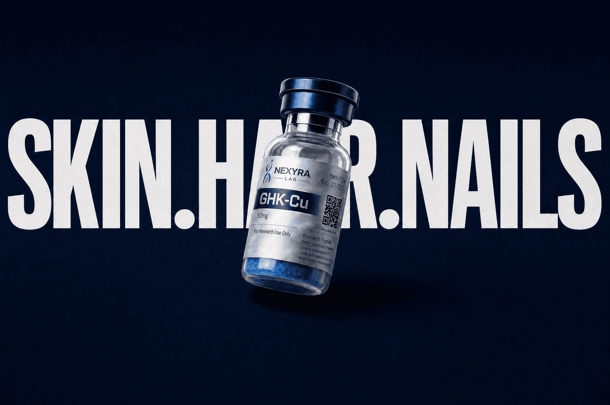 Skin, Hair & Nails research peptides — vial on navy background — Nexyra Lab
