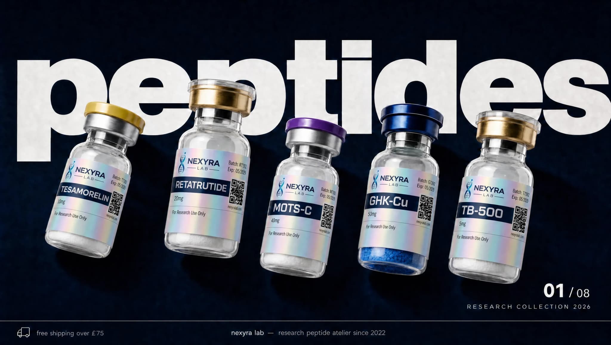 Nexyra Lab research peptide collection — Tesamorelin, Retatrutide, MOTS-C, GHK-Cu and TB-500 vials